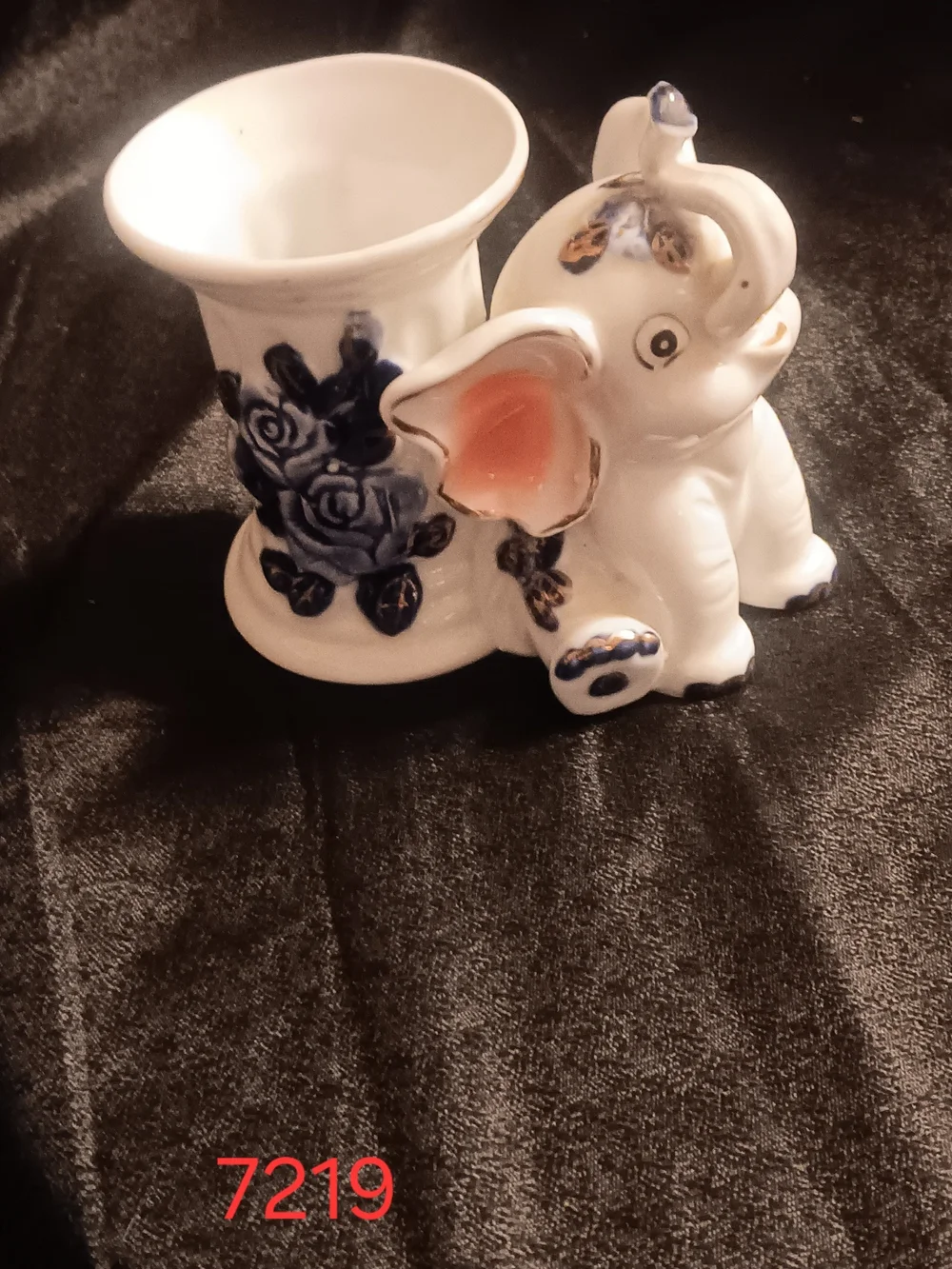 White Ceramic Elephant Planter Blue Floral Accents